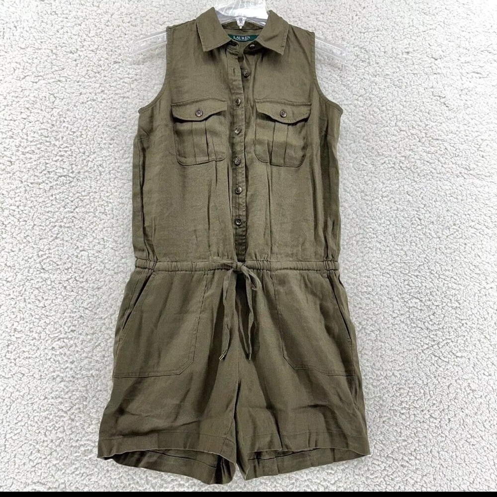 Lauren Ralph Lauren 4P Olive Army  Green Button Up Romper Sleevless Military